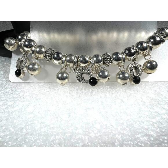 Silver Tone Black Sparkly Beaded Stretch Bracelet Deadstock New on Card Retro - Picture 8 of 13